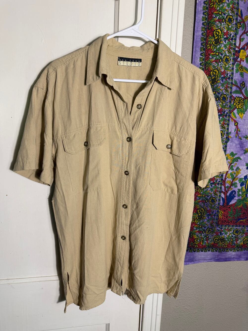 Vintage 90s New York Studio Khaki Safari Shirt Womens M Linen Look Utility